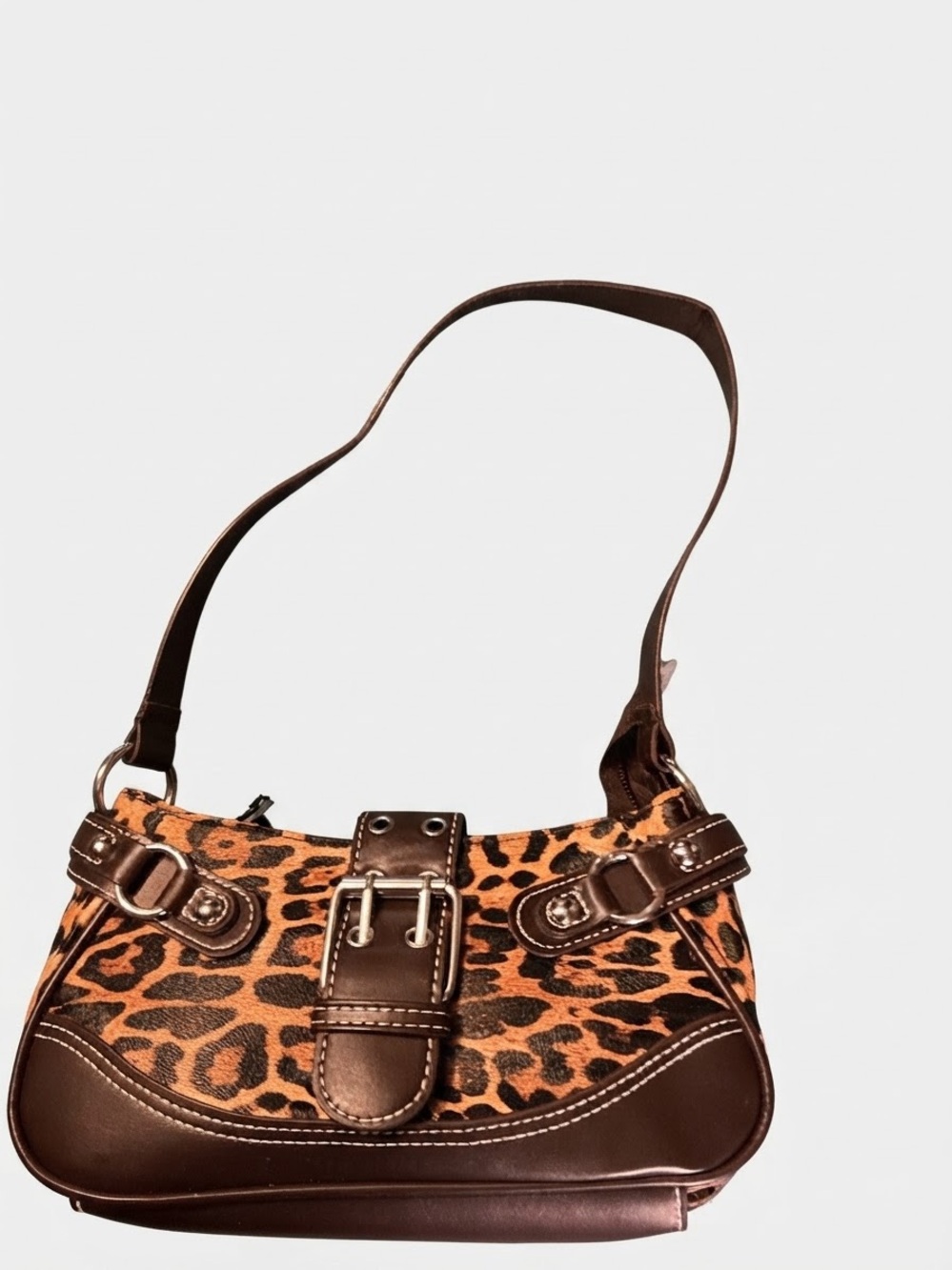 Brown Leopard Print Shoulder Bag with Buckle Accent